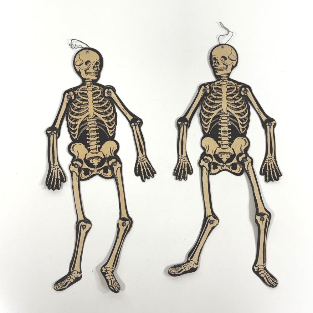 Vintage Beistle Jointed Skeleton Die Cut Halloween Decorations Set of 2 USA 13"